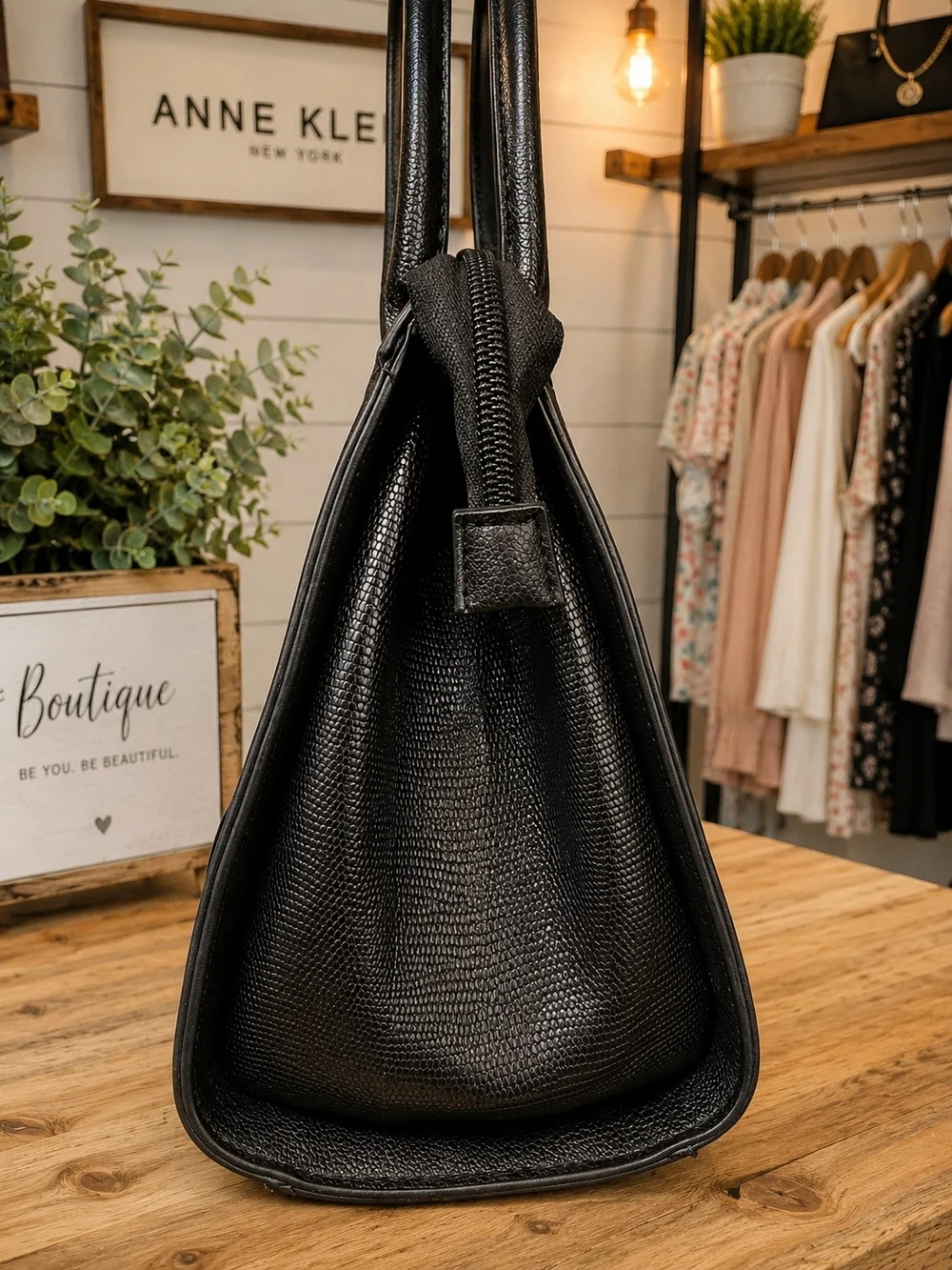 Anne Klein Black Structured Tote Bag with Gold Hardware NWOT